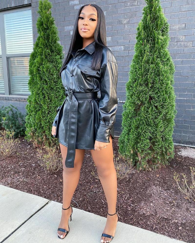 

Women' Leather & Faux Pu Blouse Shirt Jacket Long Sleeve Buckle Belted High Waist Winter Warm Coat, Black