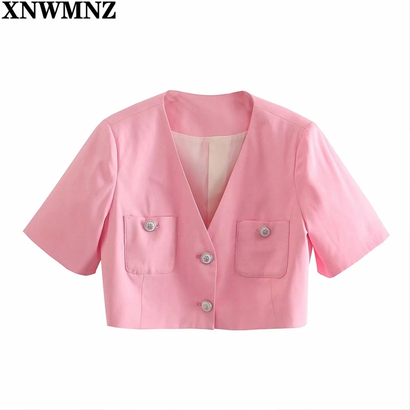 

Women Blazer Summer Pink V-Neck Short Sleeve Single Breasted Patch Pockets Cropped Casual Coat tops 210520