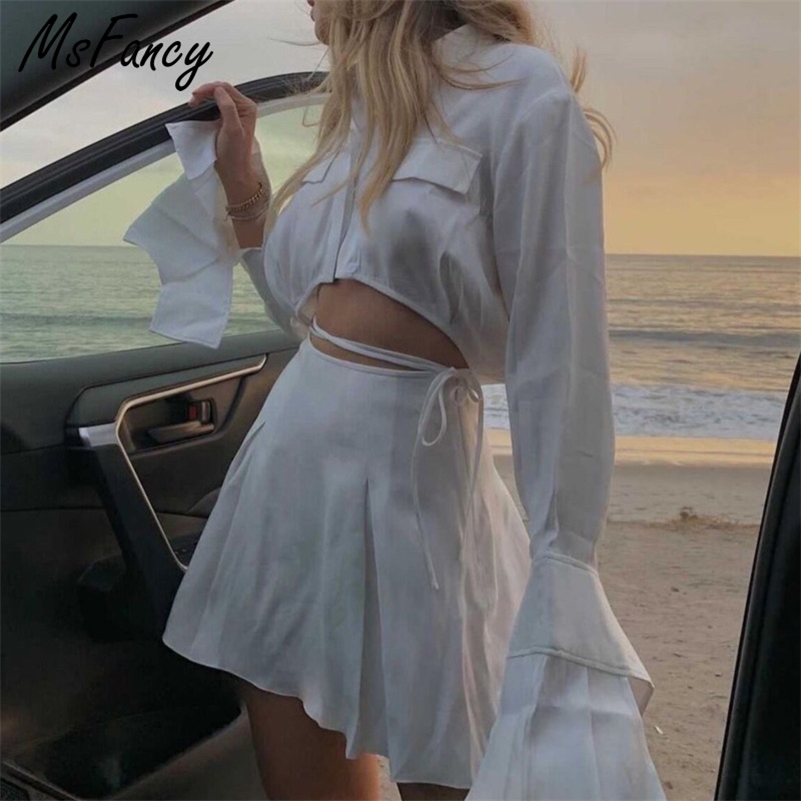 

Msfancy Summer Shirt Sets Women Stand Collar Flare Sleeve Crop Tops Elegant Ribbons Bandage Mini Skirt 2 Pieces Sets 210604, White skirt