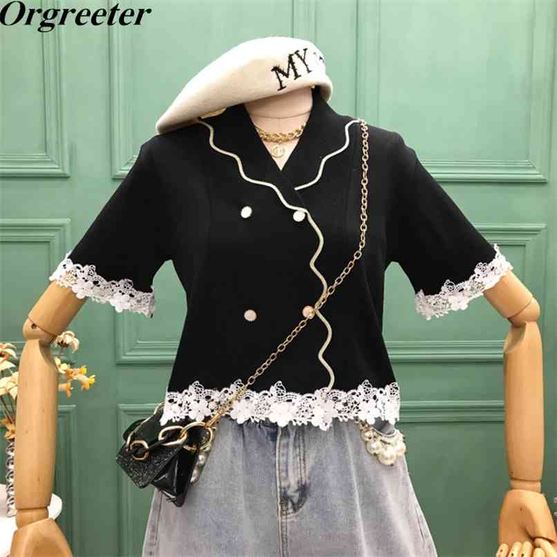 

Retro Wave Lapel Short-sleeved Ice silk Thin Sweater Women Summer Lace stitching Double-breasted Loose Knitted Women's Top 210602, Black