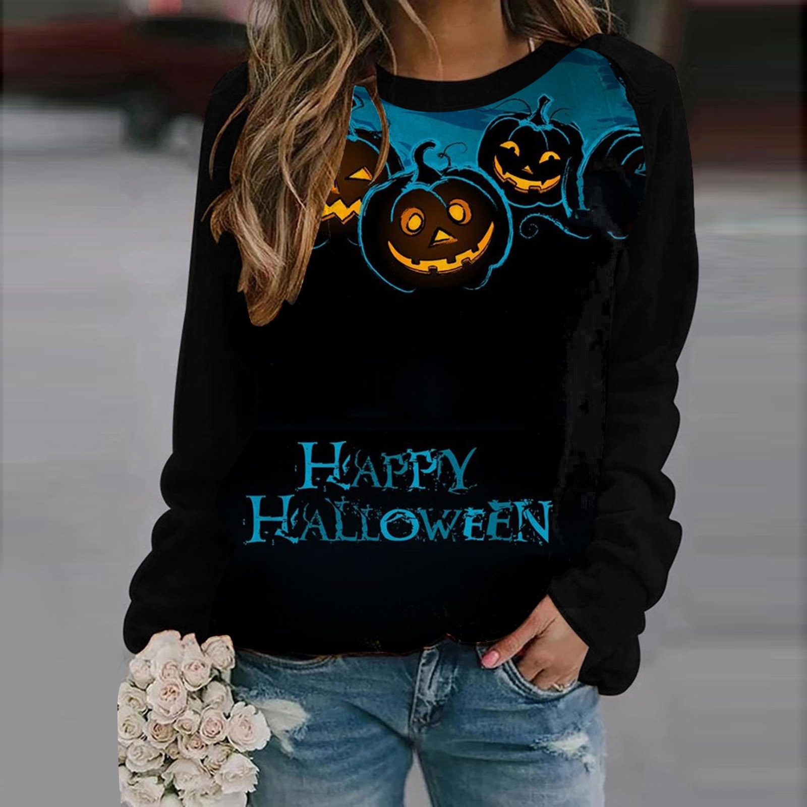 

Halloween Happy Skull Hooded Long Sleeve Ladies Long Sweater Loose, Comfortable and Soft, White