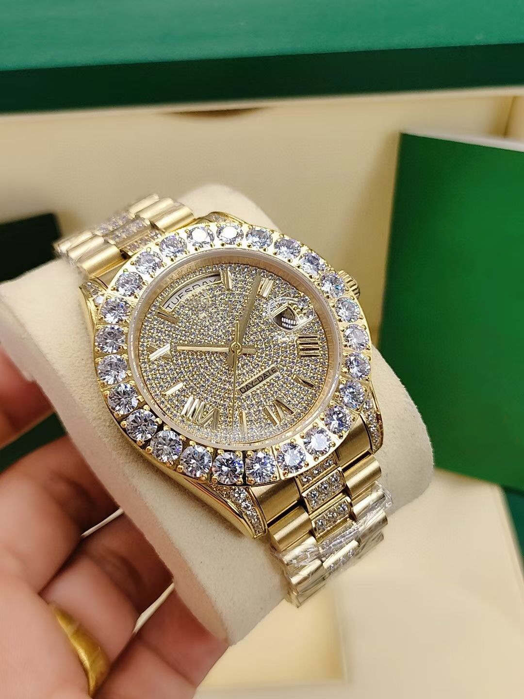 

2021 Mens Watch 43MM Full Stainless Steel Automatic Movement Mechanical Wristwatch Diamond Iced Out Watches Fashion Party Gifts Sports Man Wristwatches, Watch box