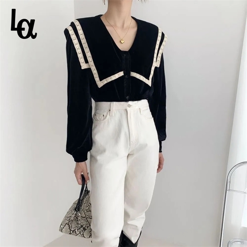 

Winter Women Solid Lace Peter Pan Collar Blouse Female V-neck Long Sleeve Elegant Shirts Ladys Autumn Velvet Tops 210519, Black