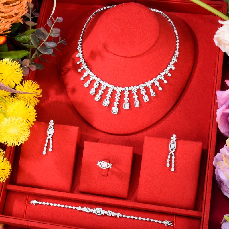 

Earrings & Necklace Soramoore Luxury Famous Design Shiny Charm Sequins Nigerian 4PCS Jewelry Sets For Women Cubic Zircon Wedding Bridal Set, Silver