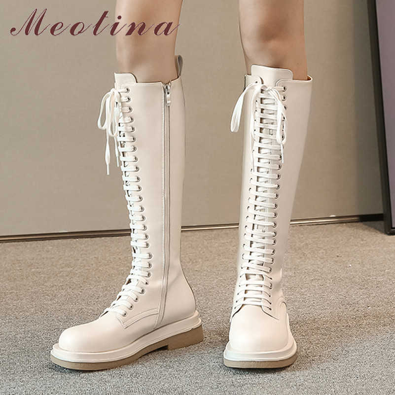 

Meotina Women Knee High Boots Shoes Genuine Leather Flats Platform Motorcycle Boots Zipper Cross Tied Ladies Long Boots Brown 210608, Black synthetic lin