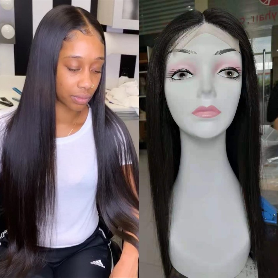 

Brazilian Straight Lace Closure Human Hair Wigs for Women Pre Plucked 4x4 Top T Part Wig, Natural color