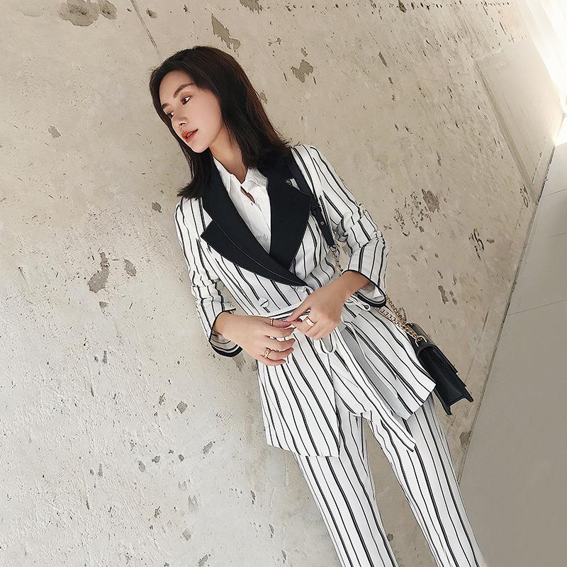 

Women' Suits & Blazers Suit Jacket Slim Feet Pants Two Sets Of Women 2021 Autumn And Winter Fashion Temperament Vertical Stripes Hit Color