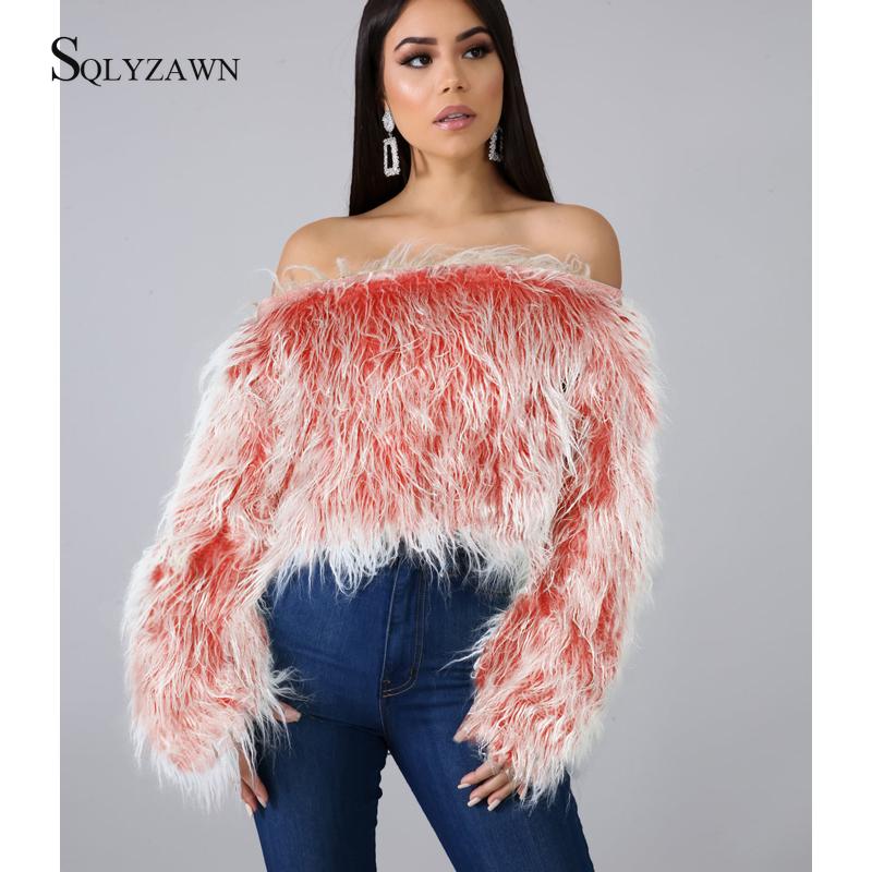 

Women's Fur & Faux Sexy Off Shoulder Top Shirt Women Plush Crop Warm Luxury Short Shaggy Tassel Artificial Pullover Streetwear, Black