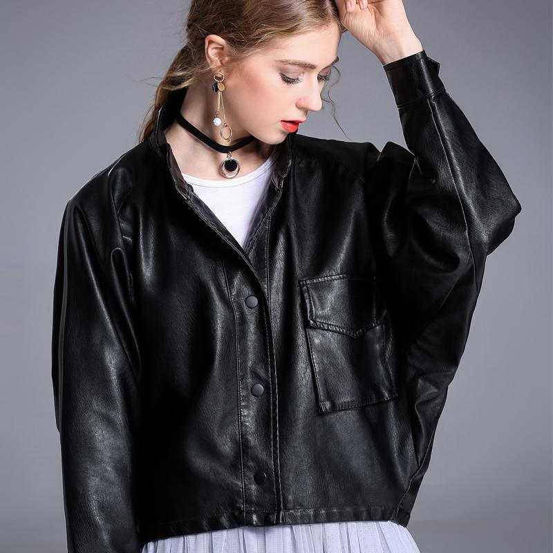 

Women's Leather & Faux Autumn Pu Jacket Washed Zipper Riding Short Punk, Black