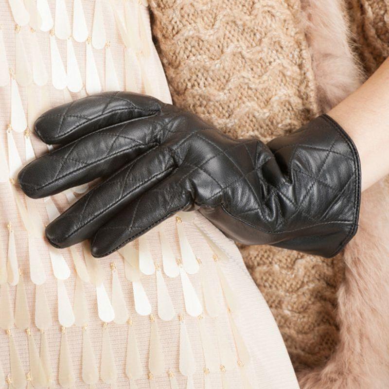 

Five Fingers Gloves Women's Genuine Sheepskin Leather Windproof Thermal Warm Driving Rhombic Pattern Mittens Winter S2166