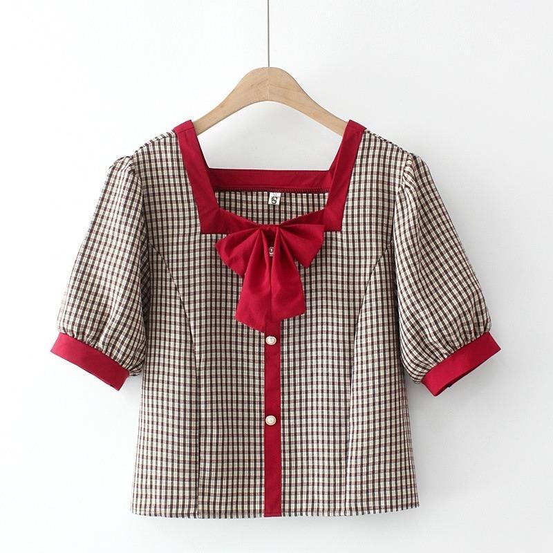 

Women's Blouses & Shirts Plus Size -4XL Blue Red Summer Croptops Short Sleeve Plaid Elegant Blouse Oversized Slim Tops