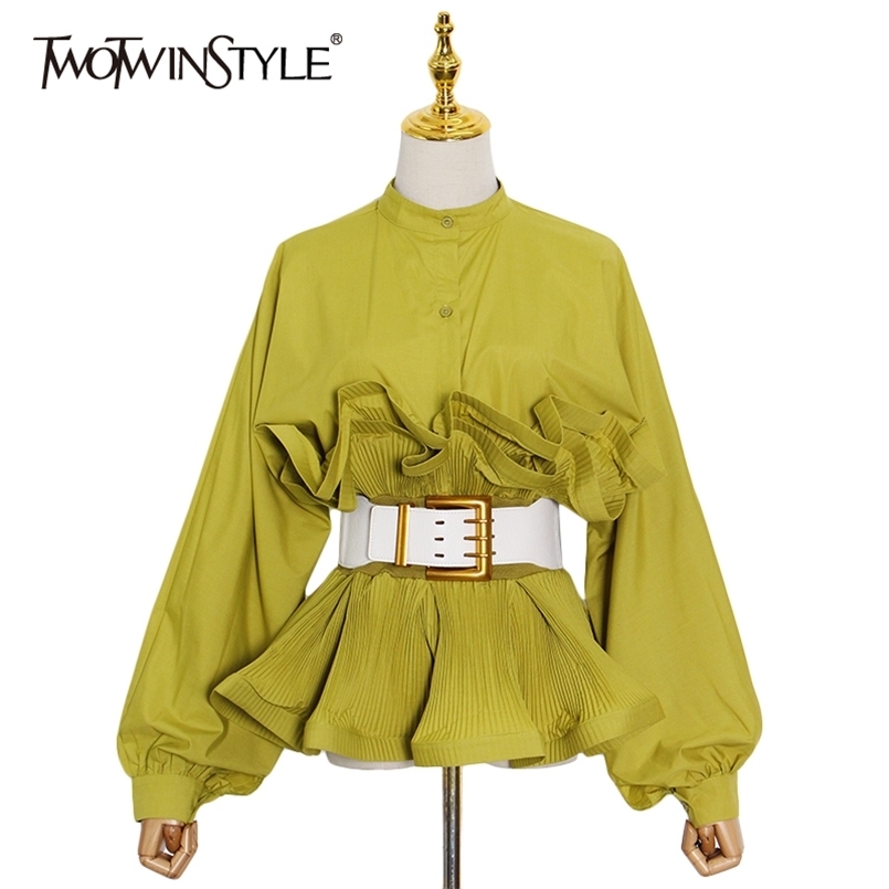 

Temperament White Sashes Shirt For Women Stand Collar Long Sleeve Patchwork Ruffle Joker Blouse Female Fashion 210524, Green