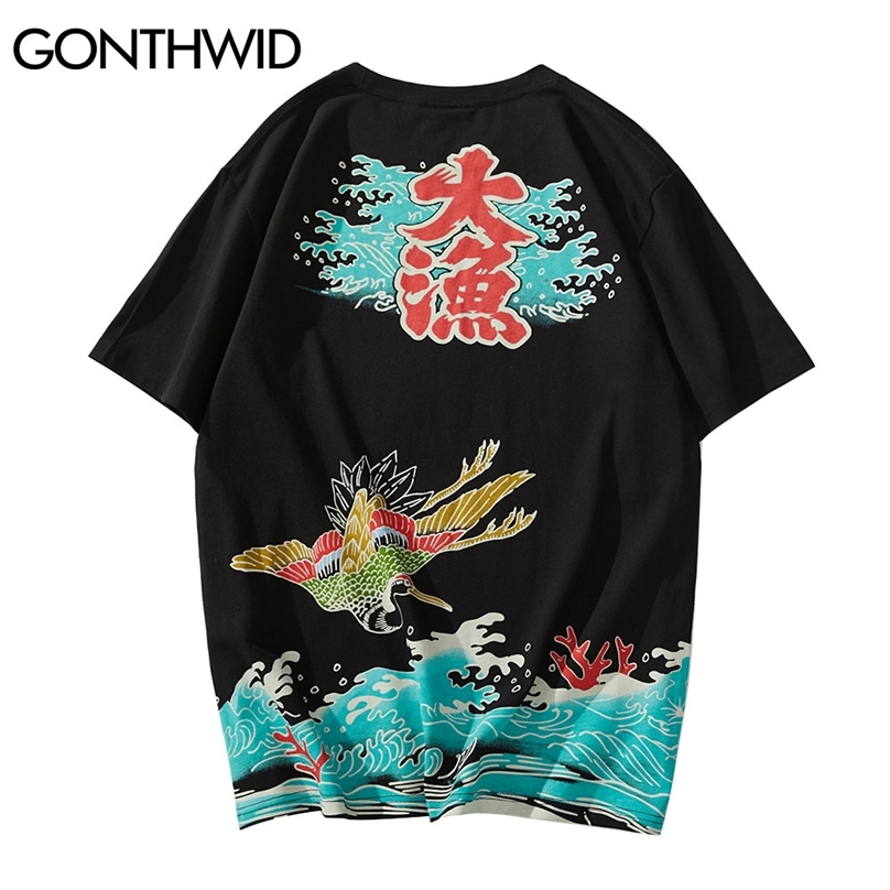 

Tees Shirts Harajuku Japanese Style Crane Fish Koi Seawave Short Sleeve Tshirts Hip Hop Casual Streetwear Tops 210602, Blue