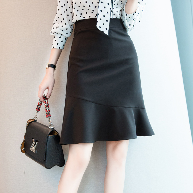 Skirts Summer 2021 High Waist Ruffle Fishtail A-line Women's Black Skirt-image-728349260