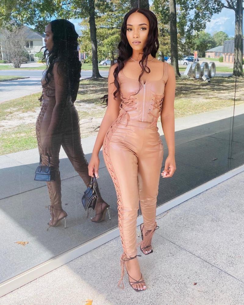 

Sexy Faux Leather Eyelet Bandage PU Crop Top And High Waist Skinny Pencil Pants Set Women Two Piece Suits Women' Tracksuits, Khaki