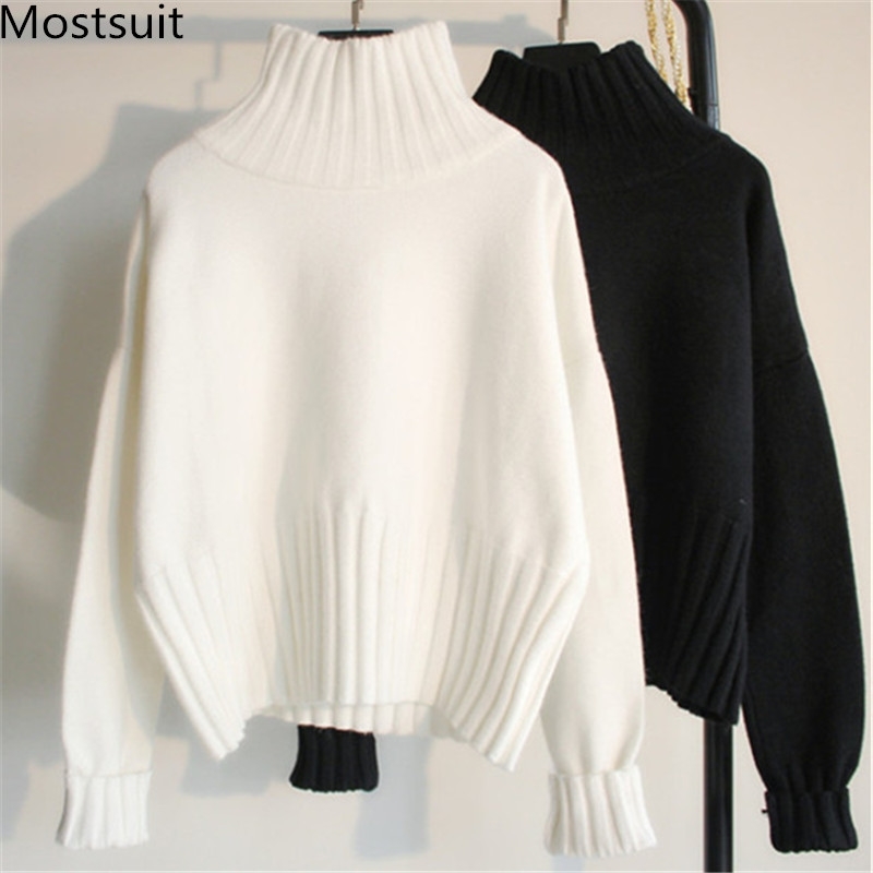 

Autumn Winter Knitted Turtleneck Pullover Sweater Women Long Sleeve Casual Loose Warm Female Tops Sweaters Black White 210518