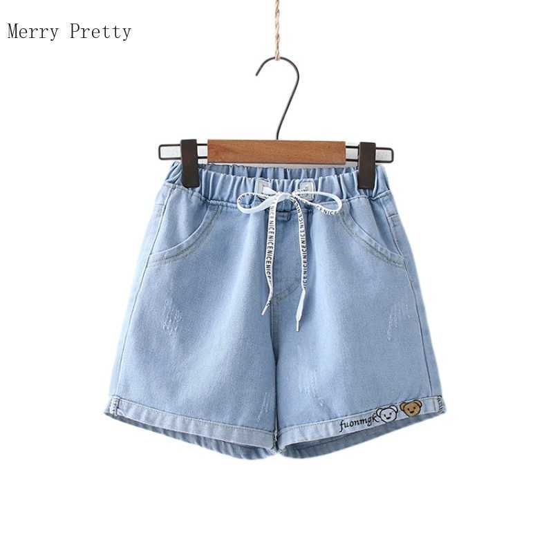 

Blue Solid Women Denim Shorts Summer High Waist Mini Straight Short Cartoon Embroidery Drawstring Pockets Ladies Bottoms 210526, Sky blue