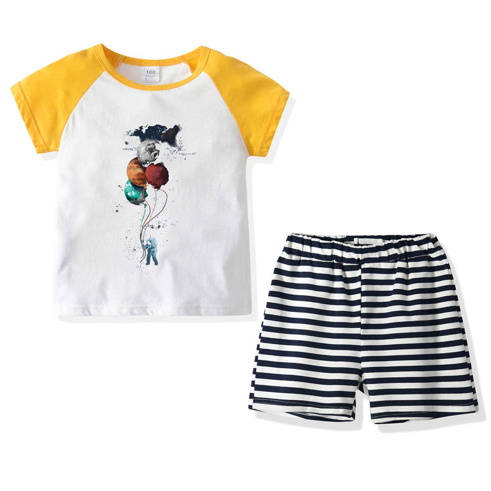 

Boys and girls suits Summer children's short sleeve suit balloon cotton T-shirt striped shorts casual baby home clothes, White