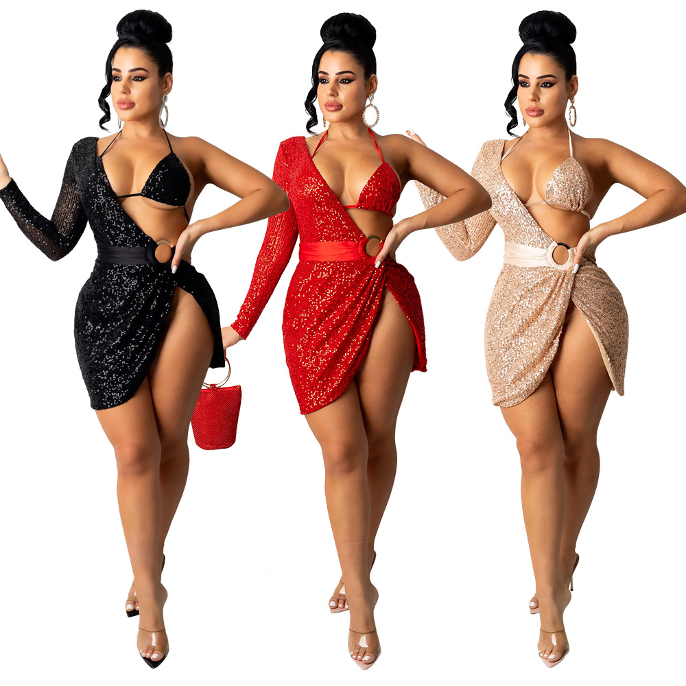 

XQY9252 Women' Fashion Sequined Short Skirt with Lining Sexy Off-the-shoulder Split Dress + Bra, Black