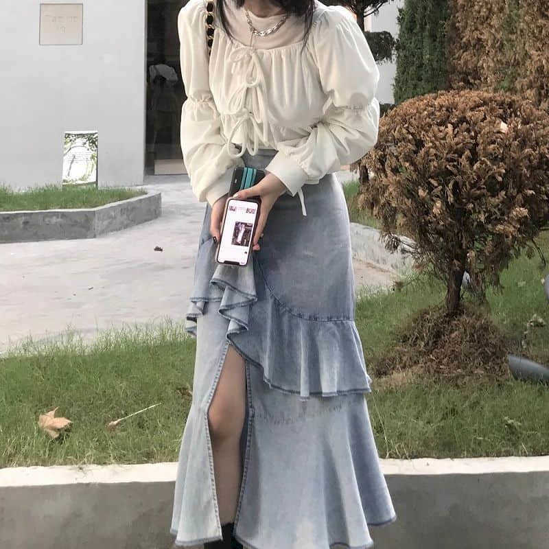 

Ruffle Asymmetry skirt Autumn suit female Korean fashion tie long sleeve shirt + denim Western two-piece 210526