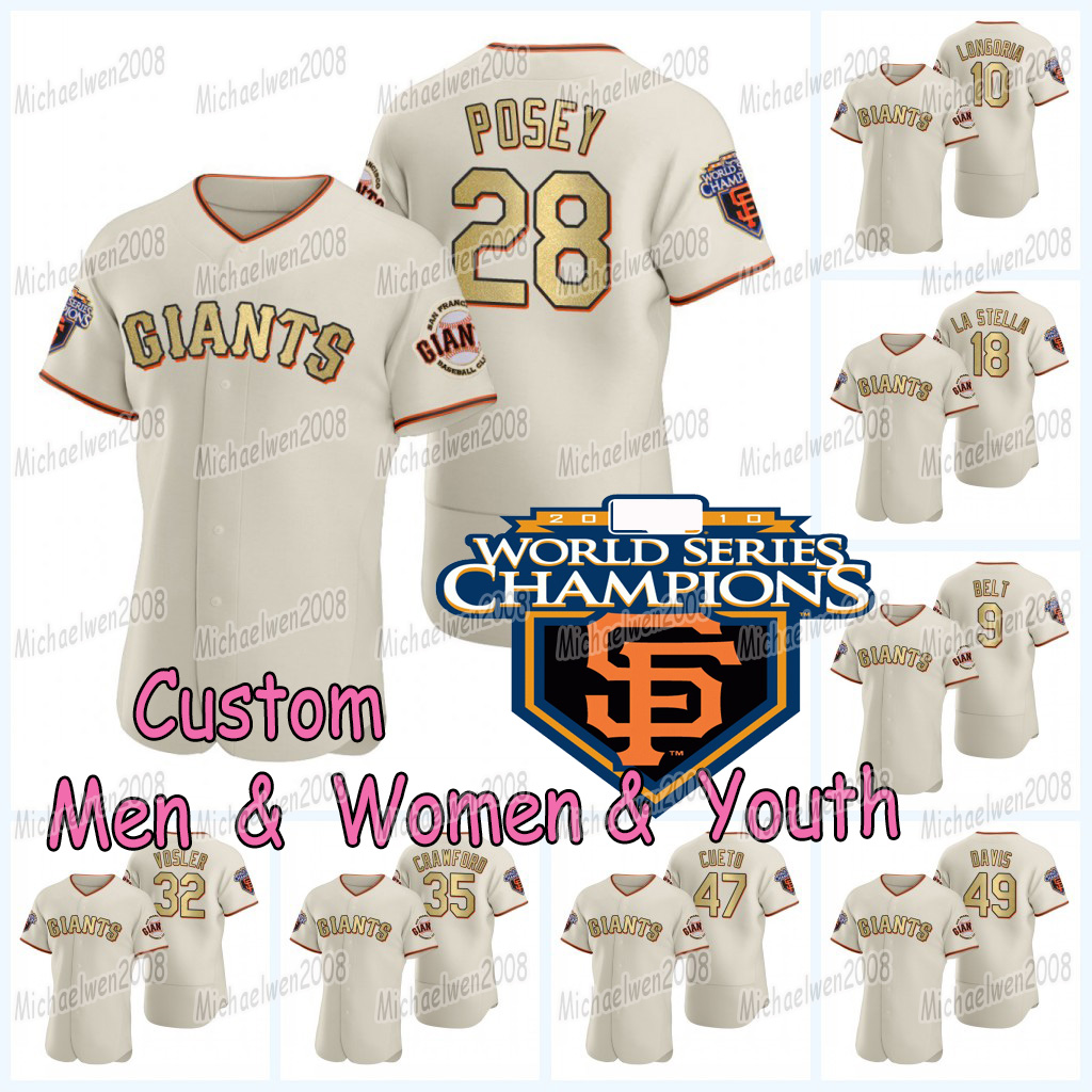 

28 Buster Posey San Francisco Jersey 2010 World Series Champions Cream Gold custom Brandon Crawford Mike Yastrzemski Alex Dickerson Donovan Solano Evan Longoria, Women cool base