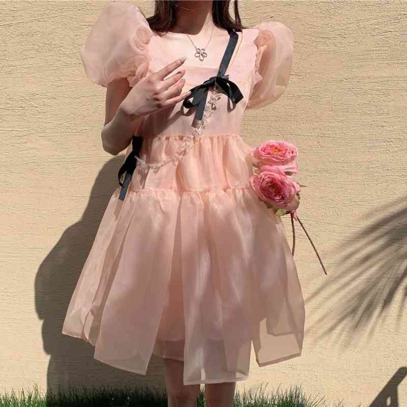 

French Puff Sleeve Fairy Dress Korean Mini Women Loose Design Party Summer Casual Vintage Y2k 210604, Pink