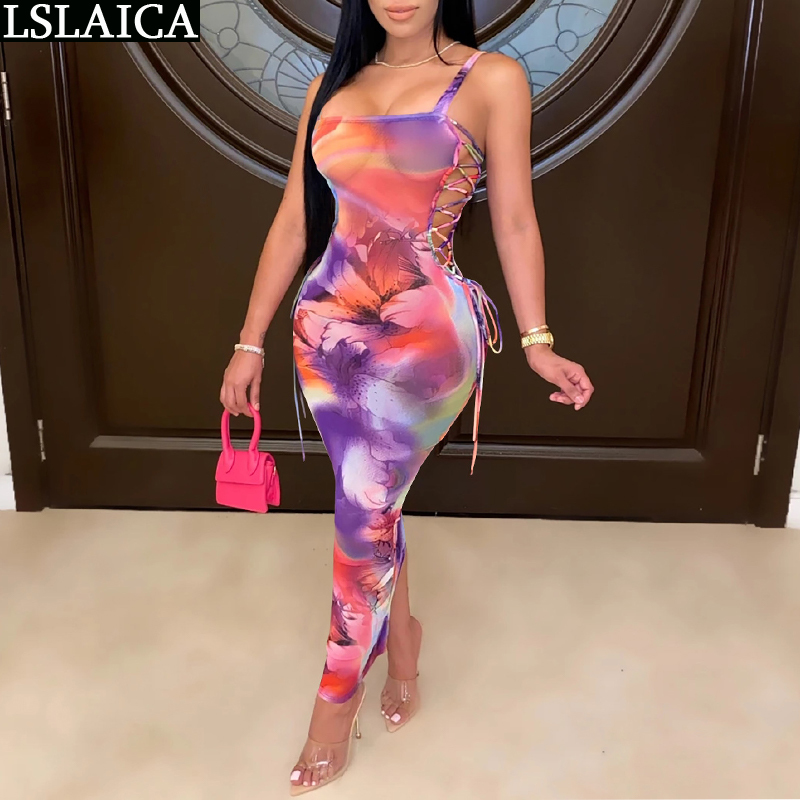 

Woman Dress Summer Tie Dye Spaghetti Strap Sleeveless Hollow Out Strappy Maxi Femme Robe Sexy Club Vestidos 210520, Multi