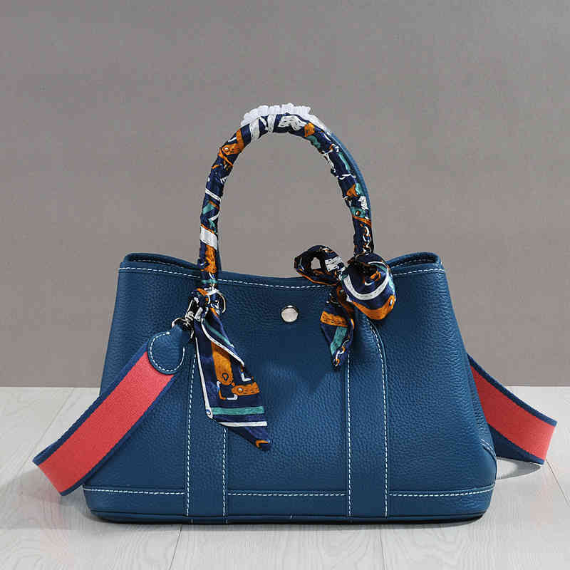 

Brand H Handbags 2022 spring genuine leather women's one shoulder slant cross Tote Bag versatile garden hand shopping Bucket, Sapphire blue 30cm