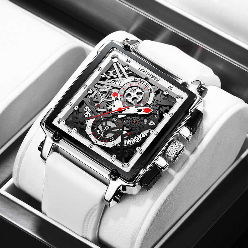 

2021 Lige Men's Sports Chronograph Wrist Watch for Men Army Silicone Strap Square Quartz Stop Watch Clock Man Relogios Masculino H0915