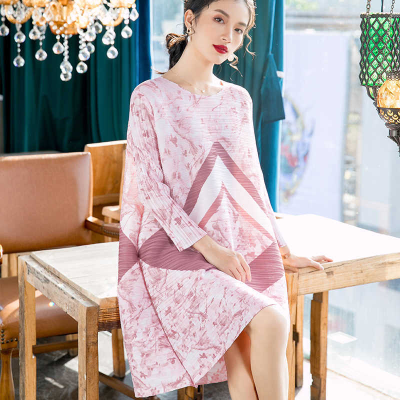 

VANOVICH European Summer Spring and Ladies Dress Print Round Collar Long Sleeve Women Clothing 210615, Pink
