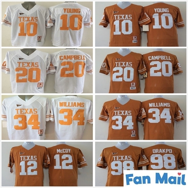 

Texas Longhorns Jersey College 10 Vince Young Football 20 Earl Campbell 34 Ricky Williams 12 Colt McCoy 98 Brian Orakpo, Grey