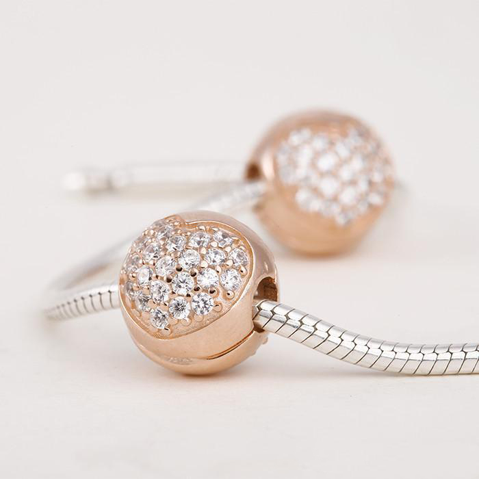

Factory wholesale 100% 925 Sterling Silver & Rose Gold Plated Pave Heart Clip Bead Fits European Jewelry Charm Bracelets