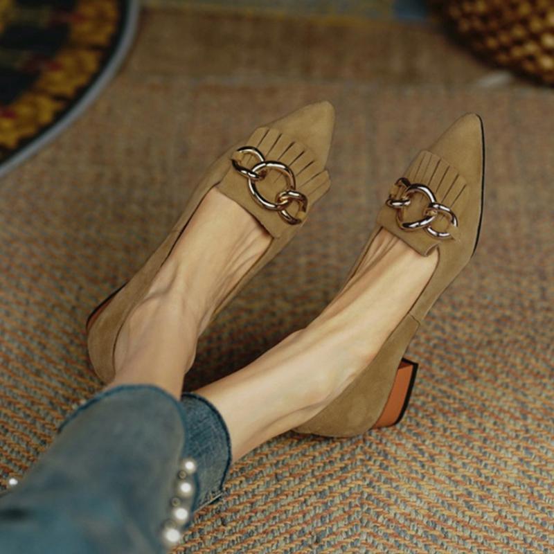 

Dress Shoes Women Pumps Low Heeled Pointed Toe Shallow Ladies Single Metal Chain Fringe Women's 2021 Elegant Office, Apricot