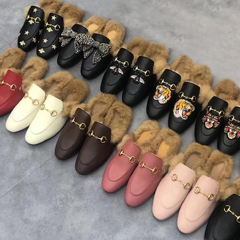 

winter men wool slippers classic Designer Lazy Flat Baotou Flip flops 100% leather lady Slides Suede letter cowhide Metal mens with fur women shoes Large size 35-42-46, Burgundy