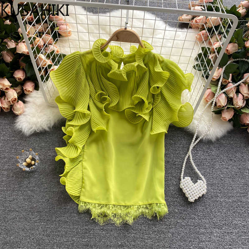 

KUSAHIKI Chiffon Blouse Women Korean Pleated Ruffle Blusa Feminina Summer Butterfly Sleeve Shirt Causal Tops 6J199 210602, Pink