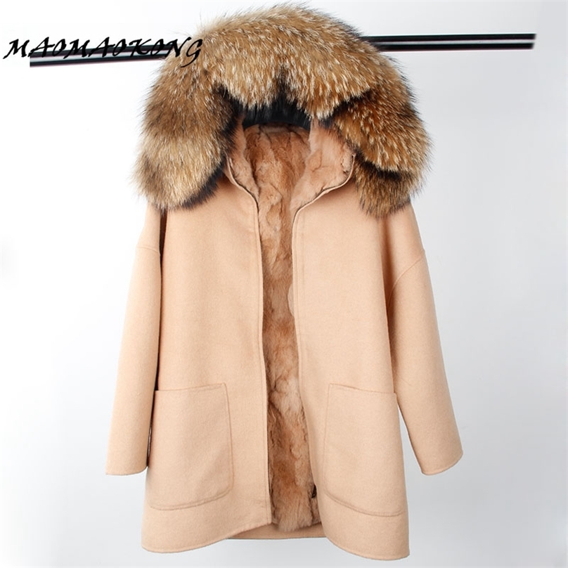 

Winter Parka Wool Cashmere Coat Women Fur Jacket Overcoat Collar Hooded Rex Rabbit Fur liner Top Quality 211019, With hood fur 1