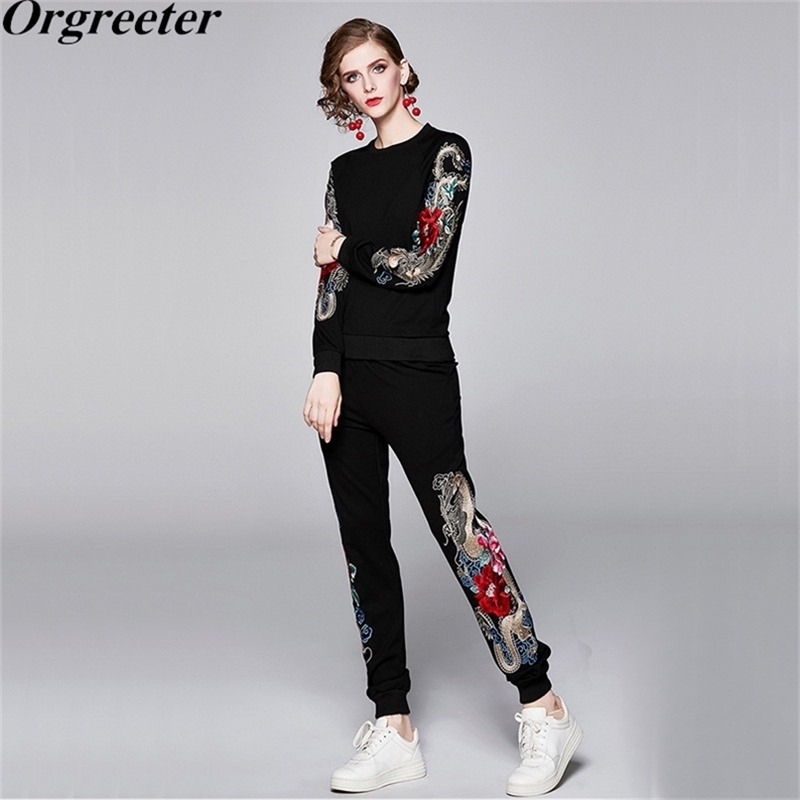 

Luxury Embroidery Sports Suit Women' Fashion 2 PCS Set Spring Plus Size -4XL Pullover Tops + Harem Pants Tracksuit Female 210602, Black