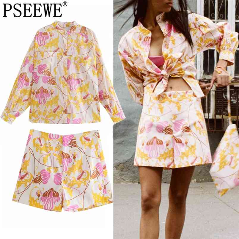 

Summer Set Woman 2 Pieces Women Shorts Sets Print Puff Sleeve Blouse Fashion Hight Waist Bermuda Outfit 210519