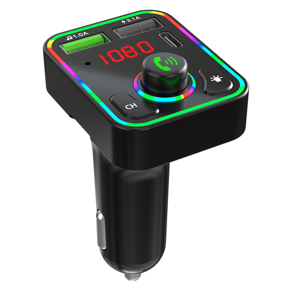 

F3 Bluetooth Car Kit USB Type-C Charger FM Transmitter TF MP3 Player with RGB LED Backlight Wireless FM Radio Adapter Hands Free for Phone
