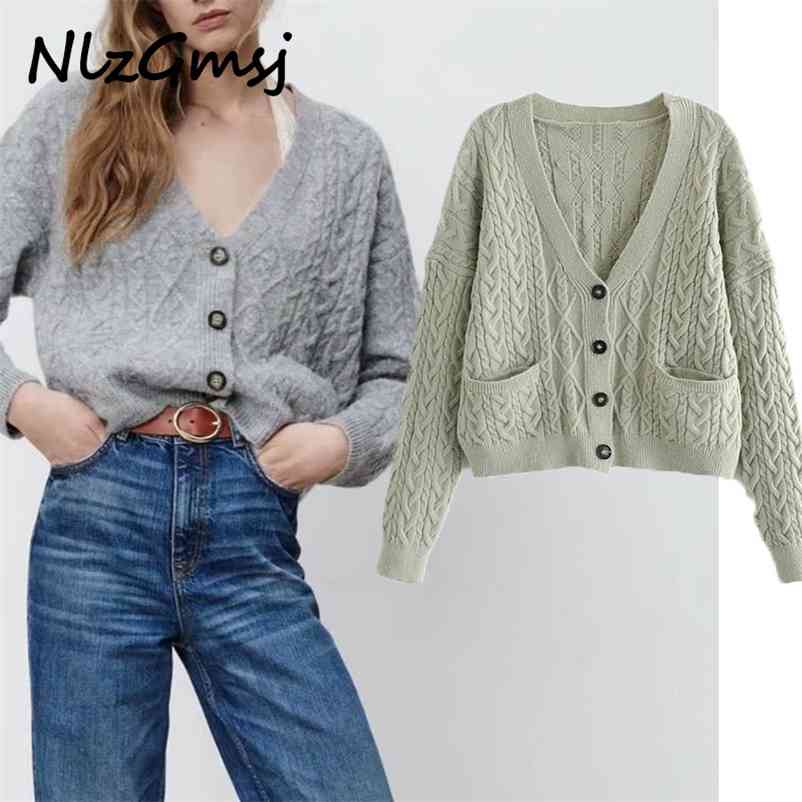 

Cardigan Women Long Sleeve Preppy Cable Knit V Neck Sweater Woman Green Button-Down 210628, As picture