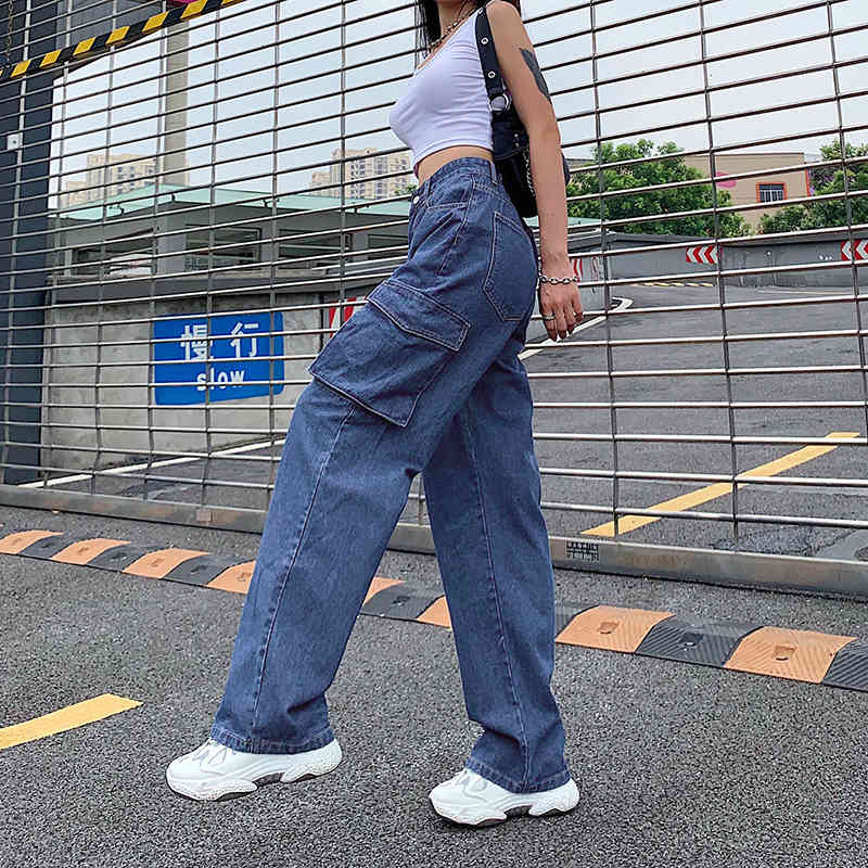 

Woman cargo Jeans high Waist loose Denim Clothing Blue Streetwear Vintage Quality Fashion big pocket boyfriend Pants 210524