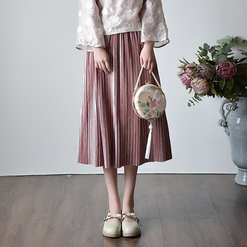 

Johnature Women Skirt Casual Pleated Solid Color Women Clothes Autumn Leisure Chinese Style Vintage Ladies Skirts 210521, Apricot