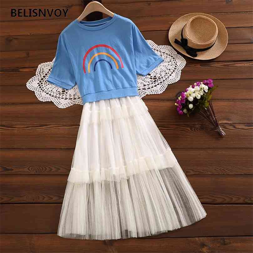 

Mori Girl Summer Two piece Set Dress Japan Style Kawaii Rainbow printed Casual Student Spaghetti Strap Mesh Tulle Vestidos 210520, Pink