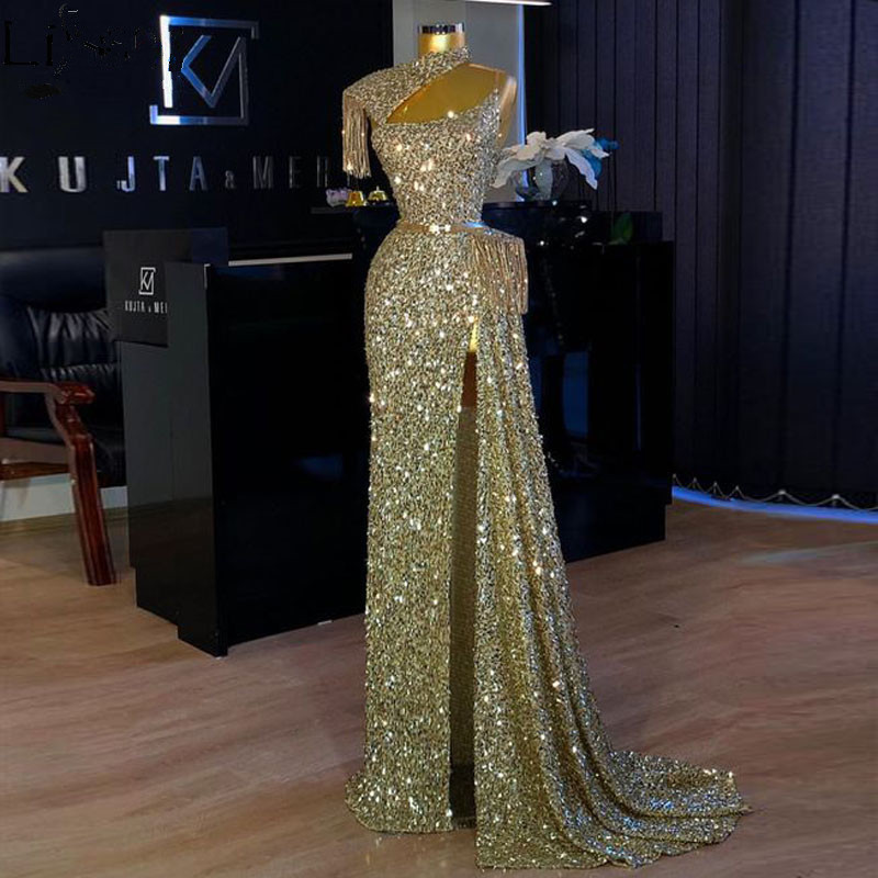 

Sequined Long Evening Dresses High Neck Sexy side Split mermaid Chic Prom Dress Arabic Dubai Custom vestaglia donna Party Night Gowns Women Gala Wear, Champagne