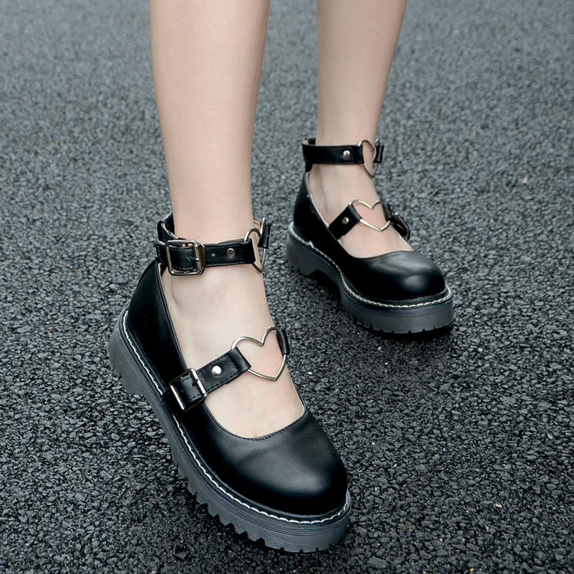 

Dropship Student Shoes College Girl Lolita Loafers Women Creepers Cosplay Jk Flats Pu Leather Heart-Shaped Platform Goth Punk, Black 2