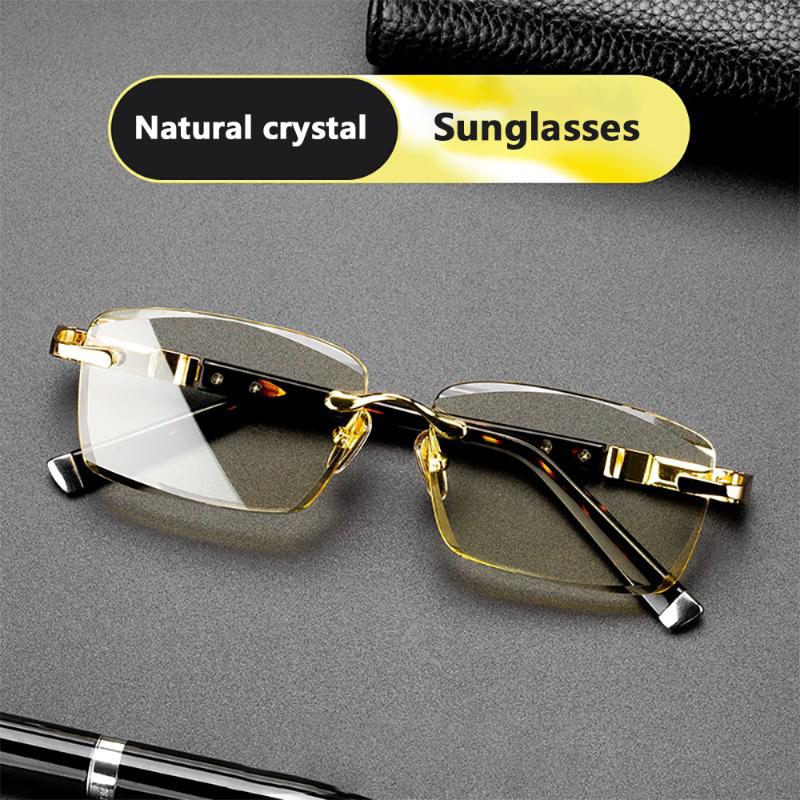 

Sunglasses Manual Natural Crystal Stone Glasses Men Bamboo Color Rimless Cut Edge Mirror Flat Lenses Eyewear, White;black