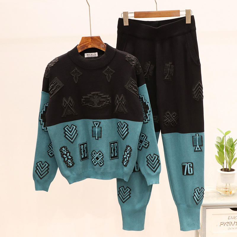 

Women's Tracksuits Autumn Hit color Embroidery Knitted Sweater Pullover + Fashion Pants Set Casual Tracksuit 2 Piece Outfits G389, Color matching