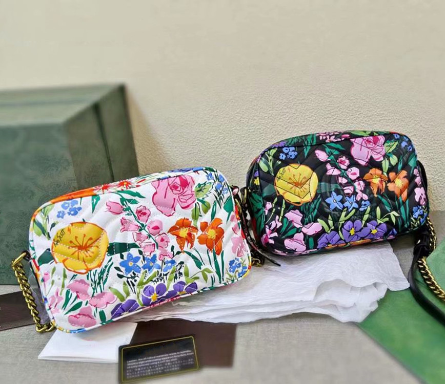 

Colorful flower patterns shoulder bag High quality Leather Handbag Women Marmont Bags Toiletry Pouch Camera Pocket Chain Messenger Purse, Black