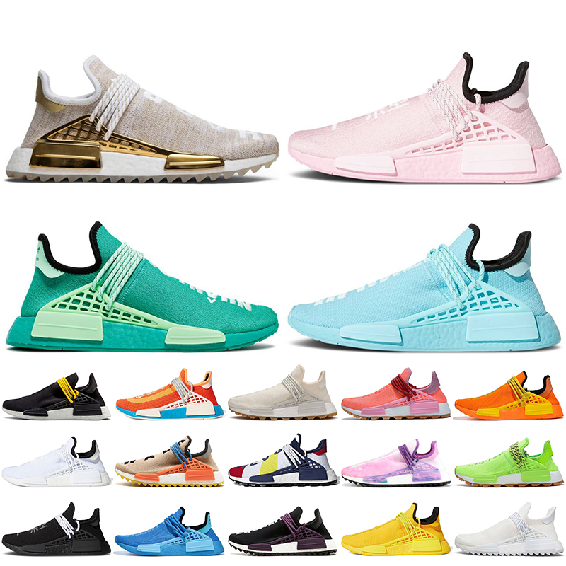 

2021 Pharrell Williams Running Shoes Mens Womens NMD Human Race Golden Pink Bright Yellow Light Green Black White Nerd Hu Trail Sneakers 36-47