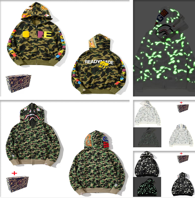 

17-17 22ss apes men hoodies women's cardigan Hooded sweater zipper jacket shark starry sky luminous camouflage Bring tote bag M-3XL, Black